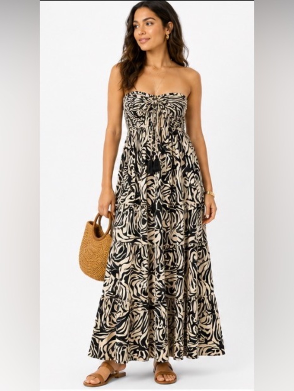 White Waves L/XL 100% Art Silk Black Cream Strapless Boho Maxi Dress